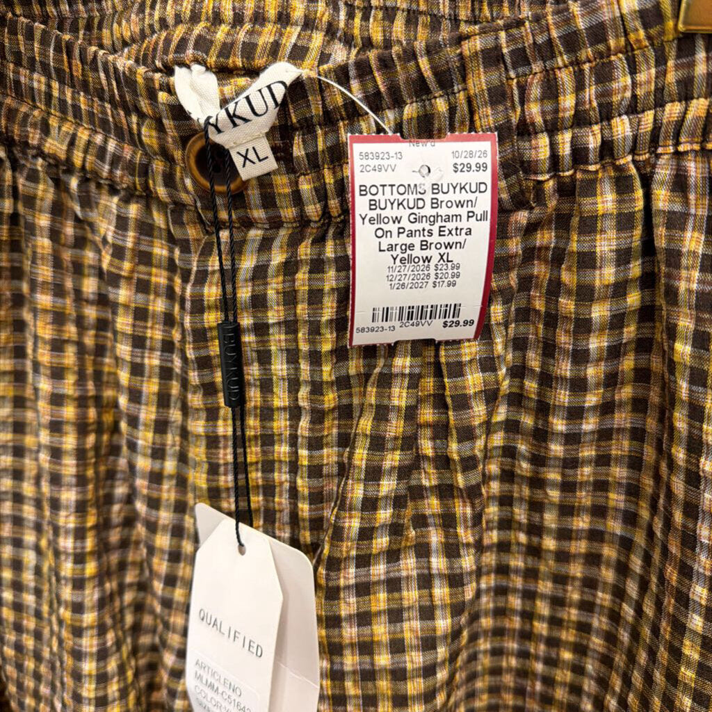 BUYKUD Brown/ Yellow Gingham Pull On Pants Extra Large