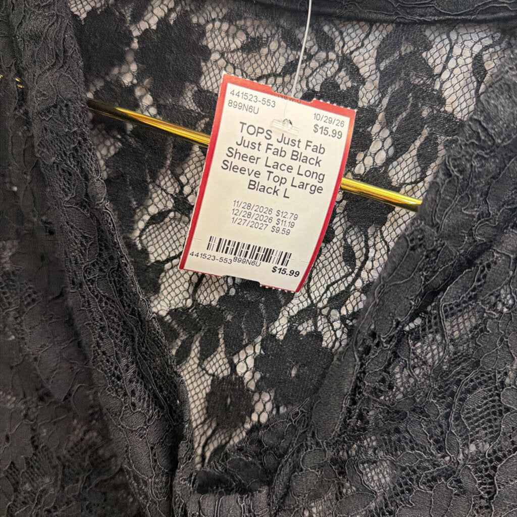 Just Fab Black Sheer Lace Long Sleeve Top Large