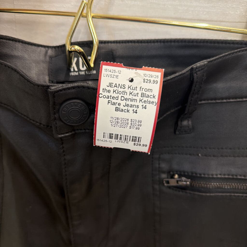 Kut Black Coated Denim Kelsey Flare Jeans 14