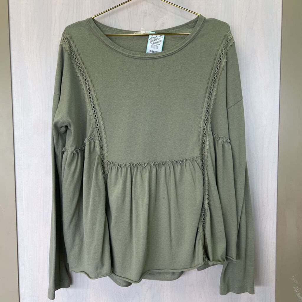 Sage Green Ruffled Bottom Lace Trim Longsleeve Top Size Large