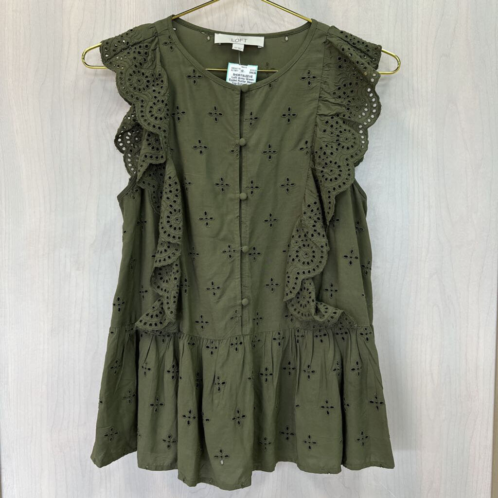 Army Green Eyelet Flutter Sleeve Top Extra Small