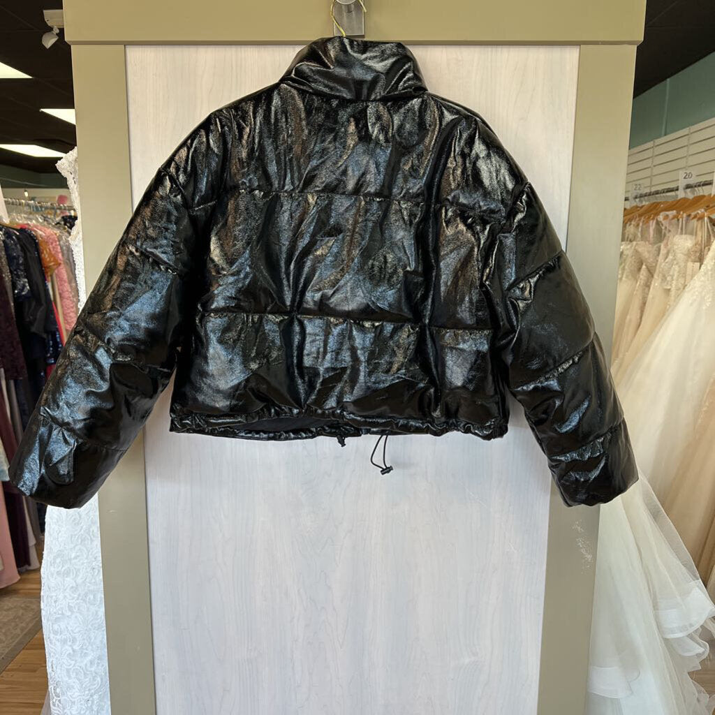 Black Shiny Patent Puffer Jacket Large