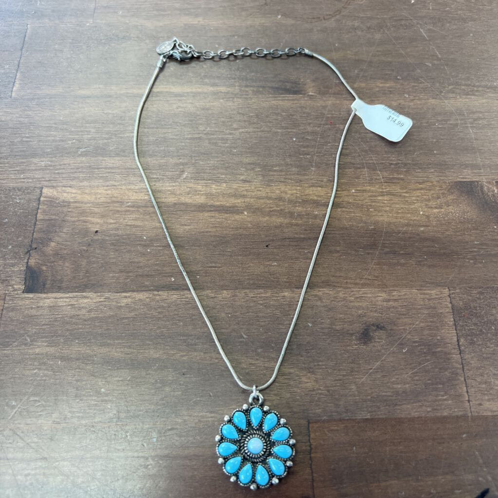 Silver and Turquoise Flower Pendant Necklace