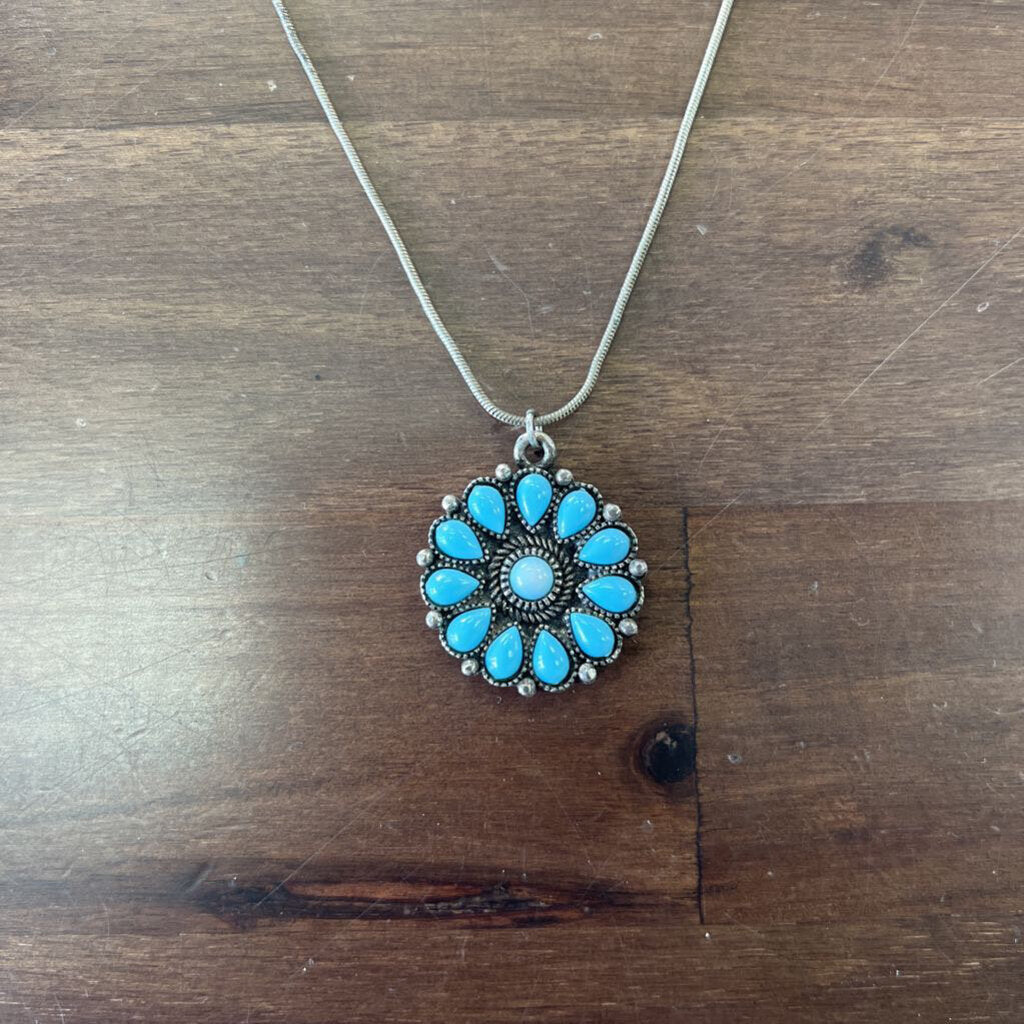 Silver and Turquoise Flower Pendant Necklace