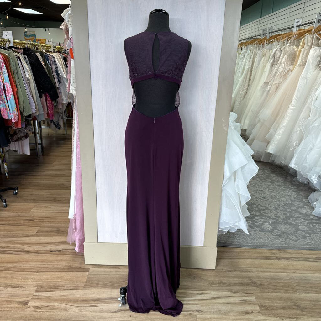 La Femme Eggplant Crepe Long Dress with Mesh Cutouts 4