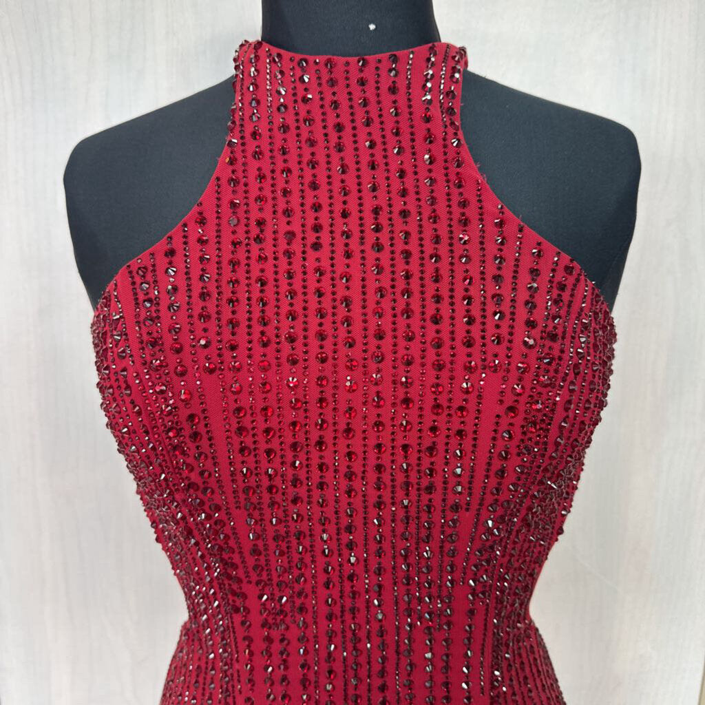 La Femme High Neck Beaded Backless Formal Dress 4