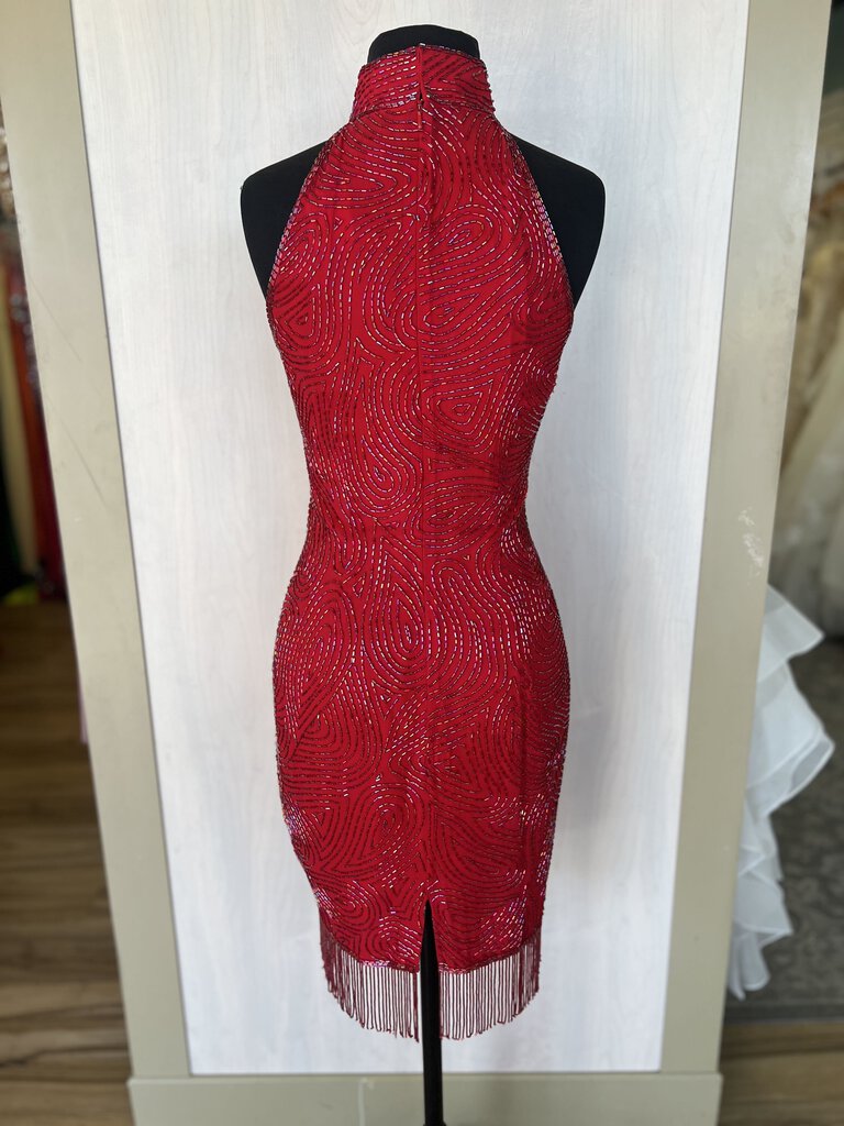 Beaded Short Red Vintage Dress with Fringe Small