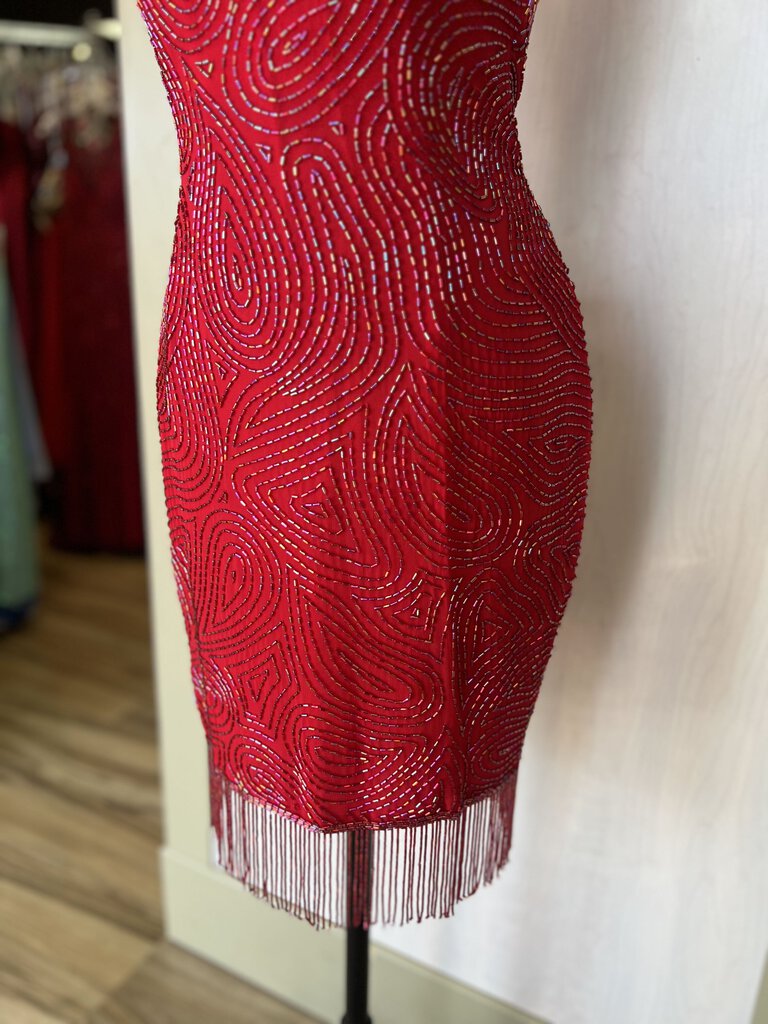 Beaded Short Red Vintage Dress with Fringe Small