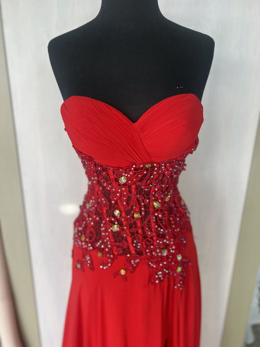 Red Strapless Sheer Corset Bodice Formal Gown 00