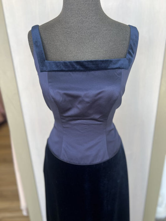 Navy Satin/Velvet Long Gown with Square Neck 10