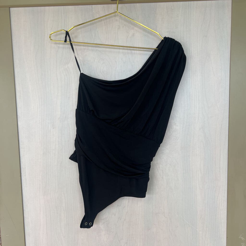 Black One Shoulder Ruched Bodysuit Small