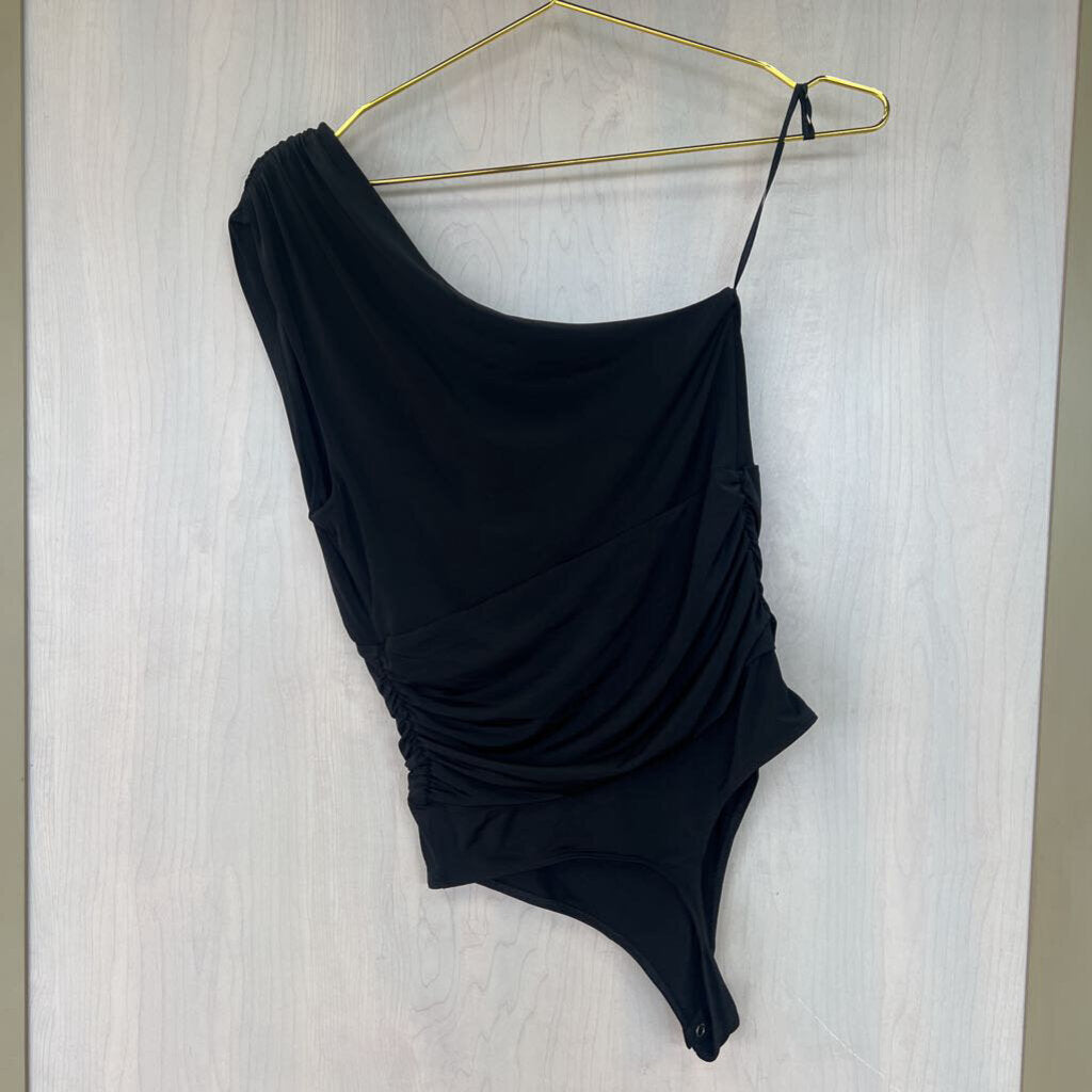 Black One Shoulder Ruched Bodysuit Small