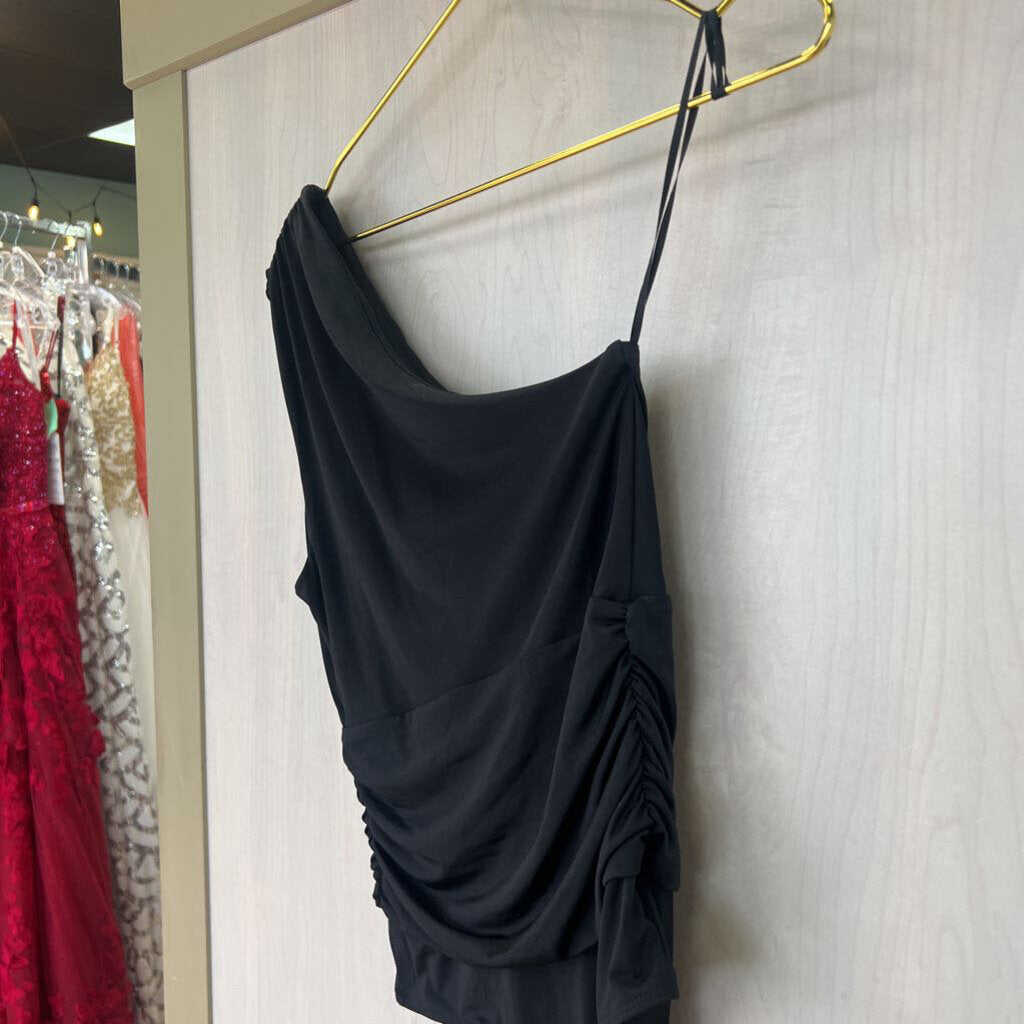 Black One Shoulder Ruched Bodysuit Small