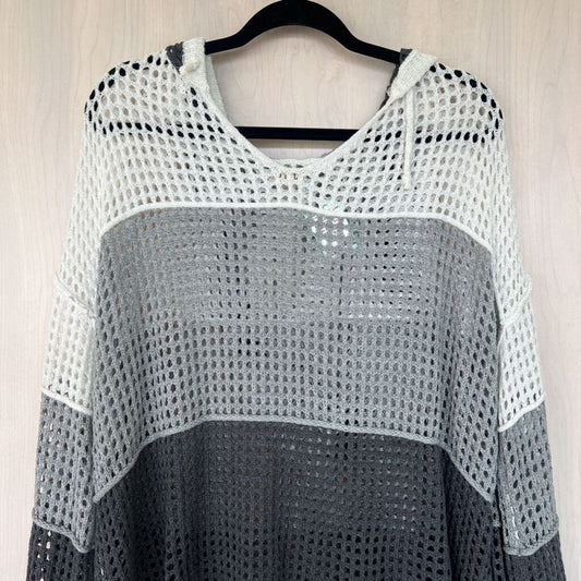 POL Grey/ White Color Block Stripe Open Knit Hooded Sweater Medium