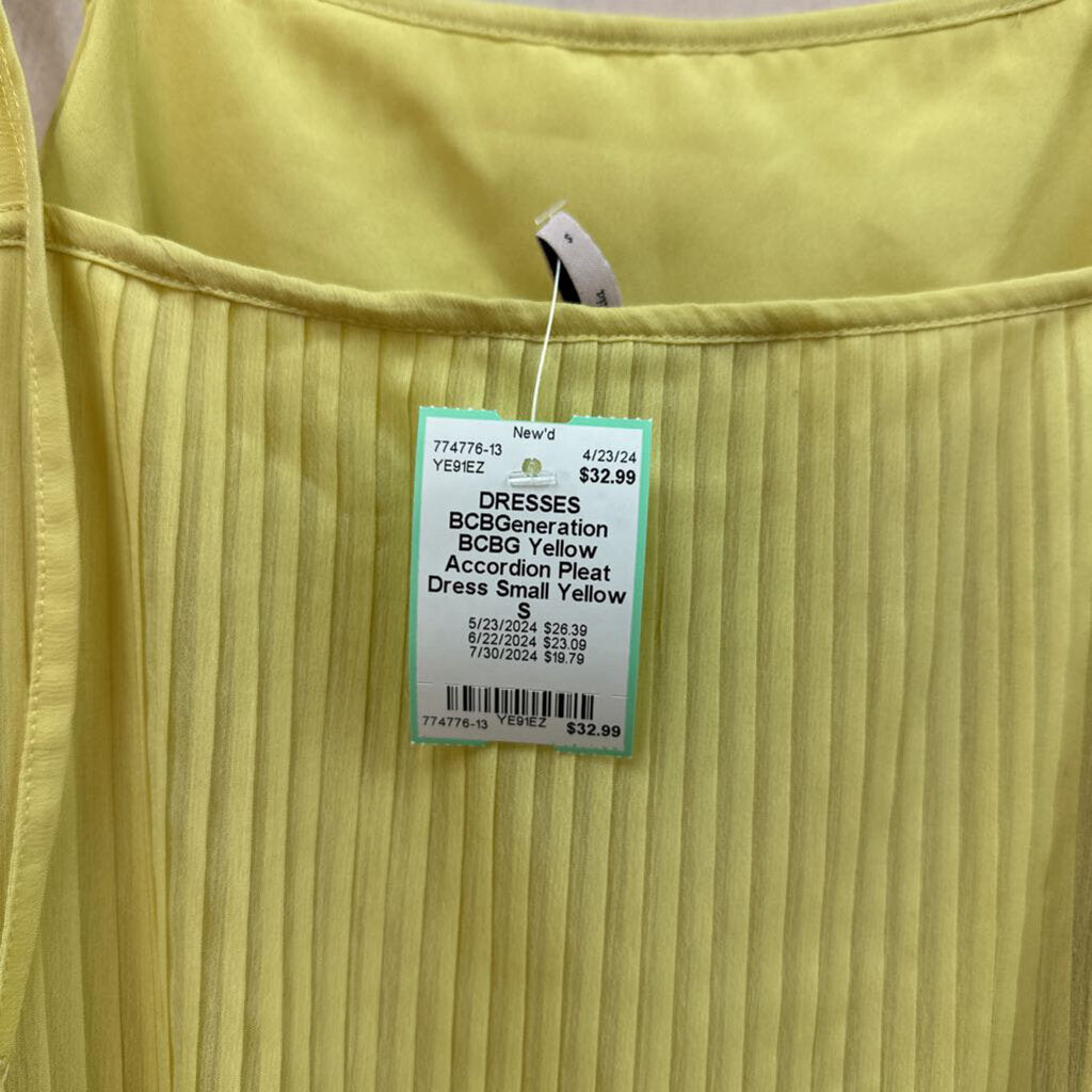 BCBG Yellow Accordion Pleat Dress Small