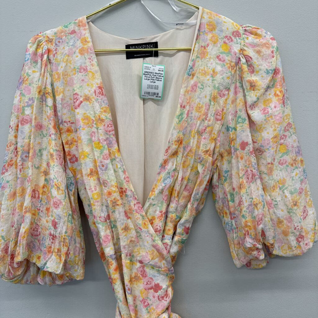 MinkPink Pink/Yellow Floral Puff Sleeve Large