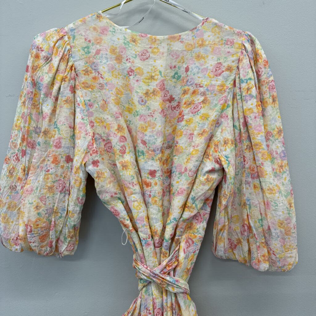 MinkPink Pink/Yellow Floral Puff Sleeve Large