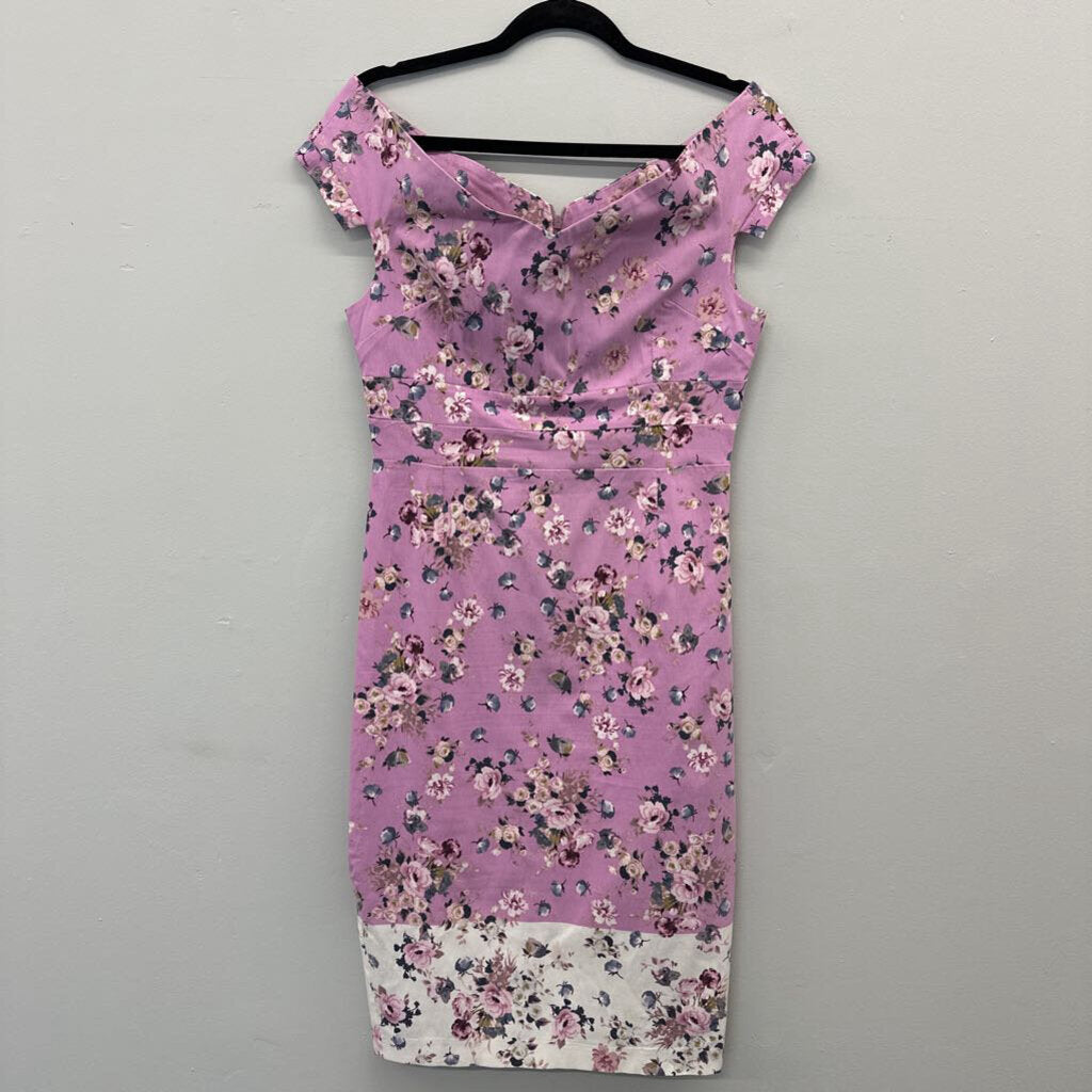 Vesper Purple Floral Fitted Dress Offshoulder 14