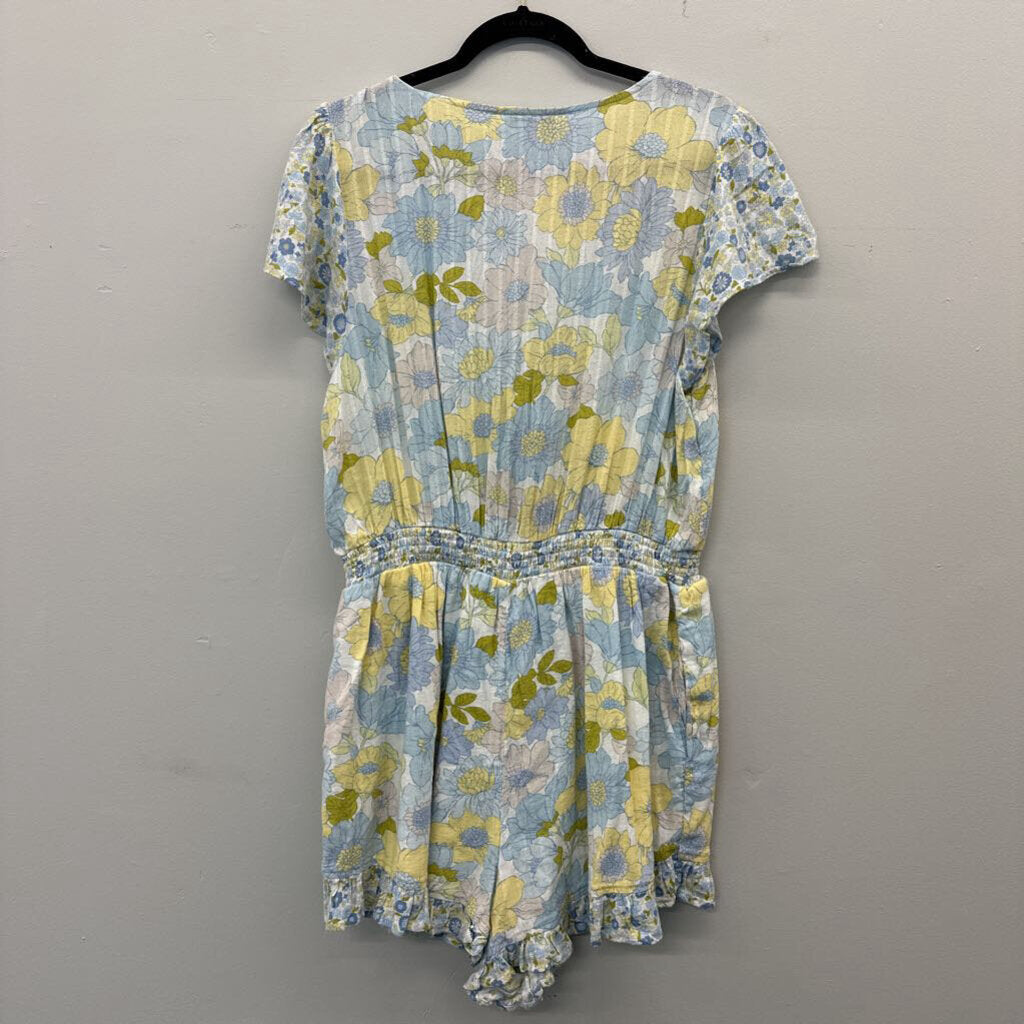 Blue/Green Floral Romper with Tie Front Large