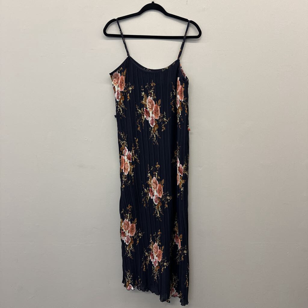 Navy/Pink Floral Midi Length Dress Small