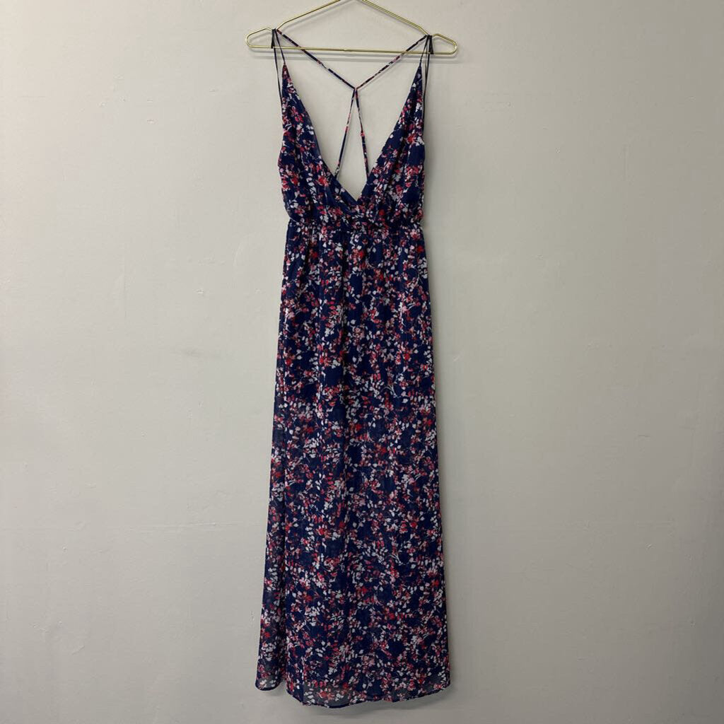 Blue/Pink Floral Chiffon Maxi Dress Small