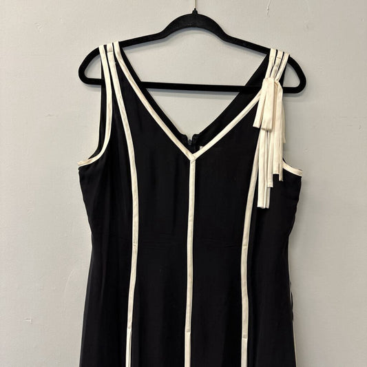 Vintage Adrianna Papell Black Silk Midi Dress With Cream Line Detail 14