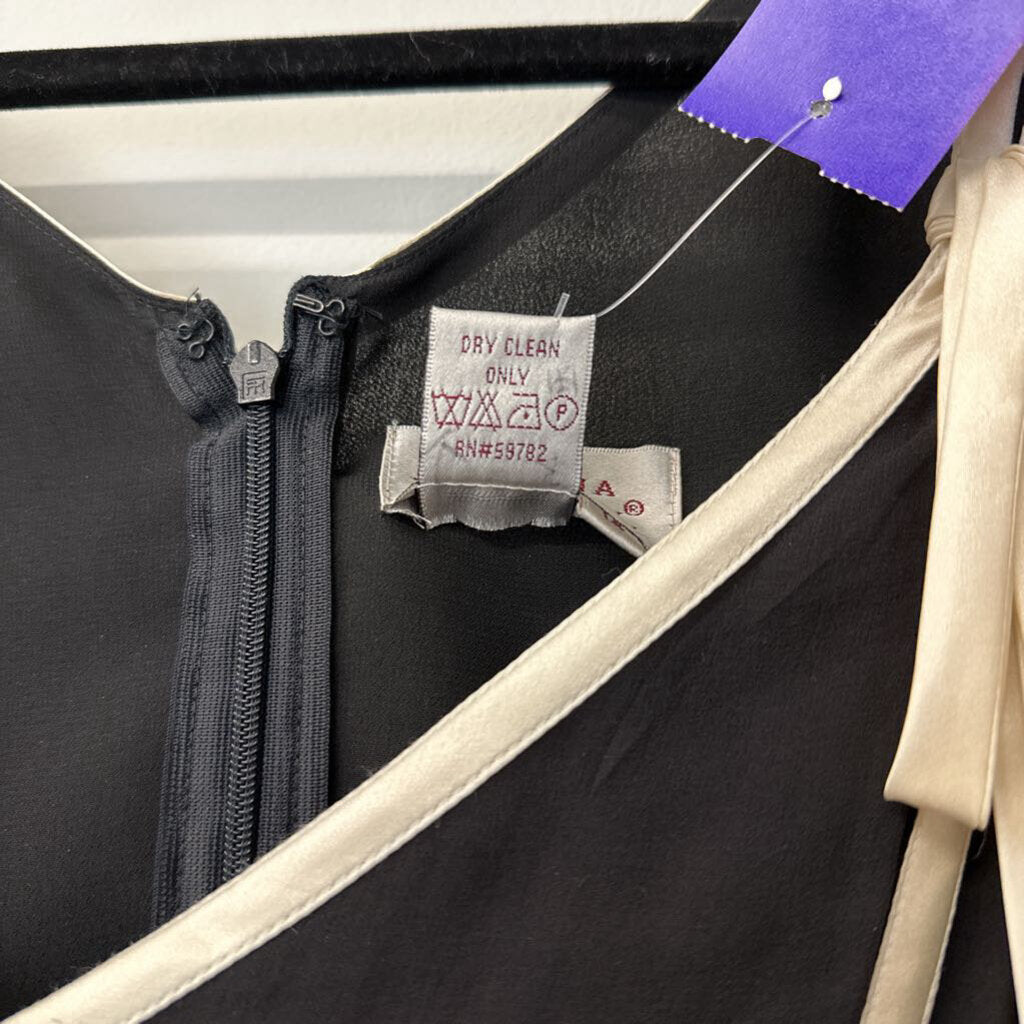 Vintage Adrianna Papell Black Silk Midi Dress With Cream Line Detail 14