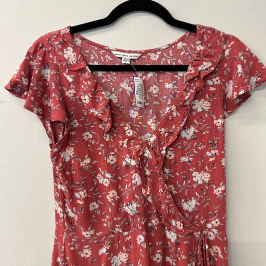 American Eagle Brick Red Floral Print Short Sleeve Ruffle Detail Dress Small