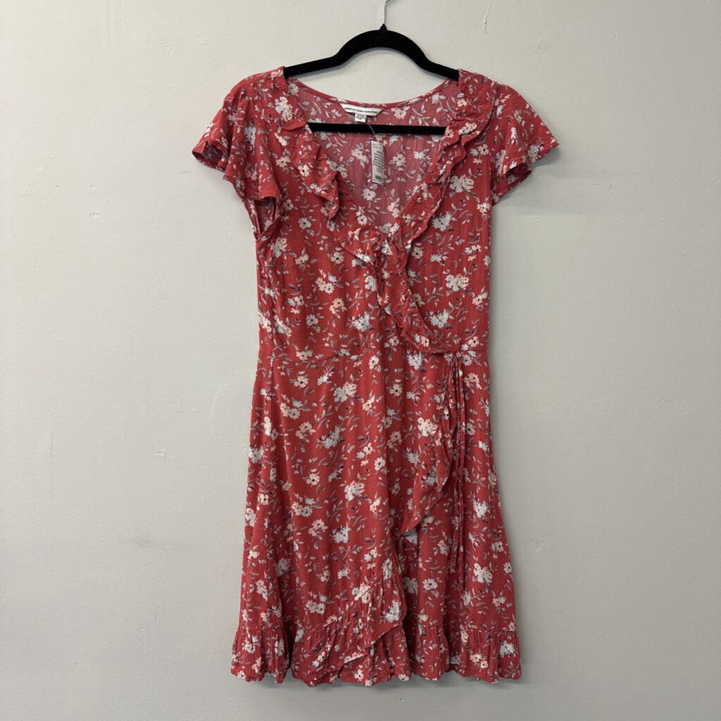 American Eagle Brick Red Floral Print Short Sleeve Ruffle Detail Dress Small