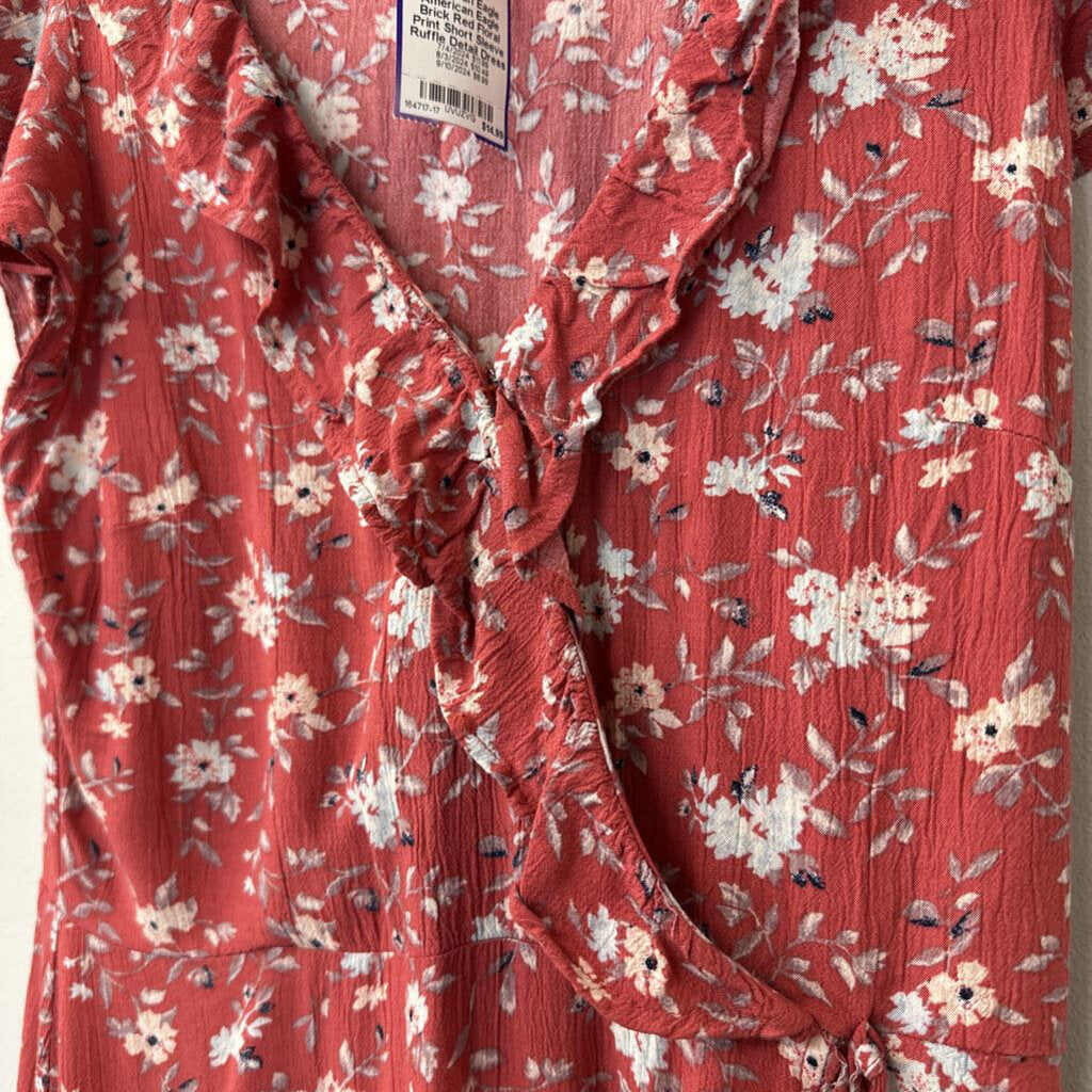 American Eagle Brick Red Floral Print Short Sleeve Ruffle Detail Dress Small