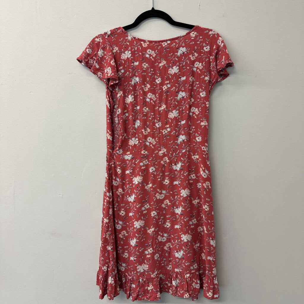 American Eagle Brick Red Floral Print Short Sleeve Ruffle Detail Dress Small