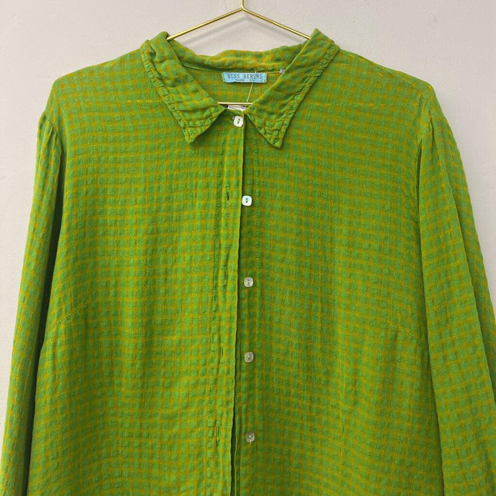 Vintage Russ Berens Green Gingham Long Sleeve Button Down Top Large