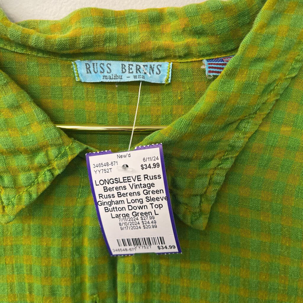 Vintage Russ Berens Green Gingham Long Sleeve Button Down Top Large