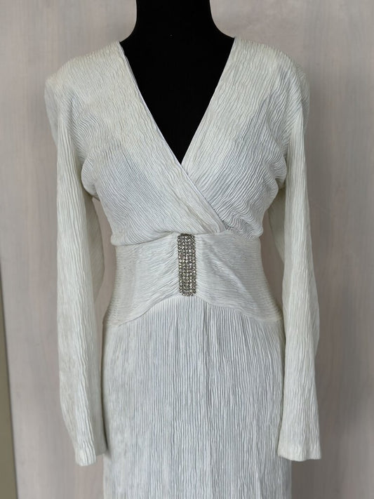 Vintage Hal Ferman Cream Crinkle Longsleeve Midi Dress with Rhinestone Detail 10