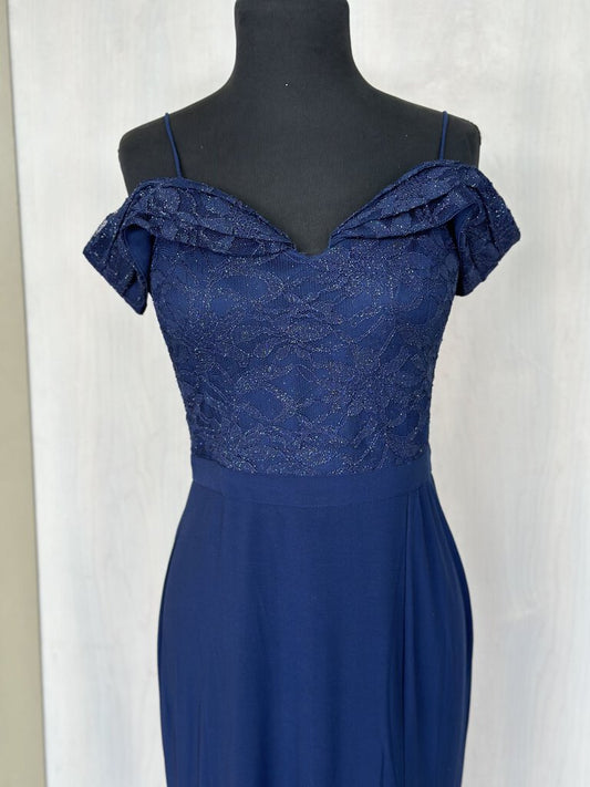 Navy Lace/Stretch Jersey Offshoulder Fitted Gown 8