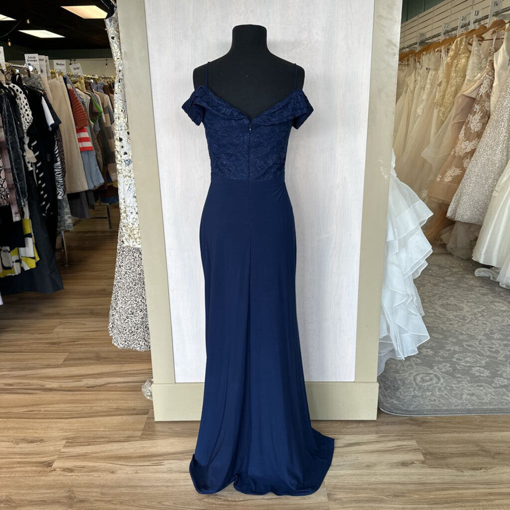 Navy Lace/Stretch Jersey Offshoulder Fitted Gown 8