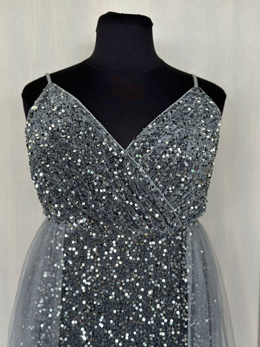 Grey/Silver Sparkle Long Formal with Overlay Skirt 4XL