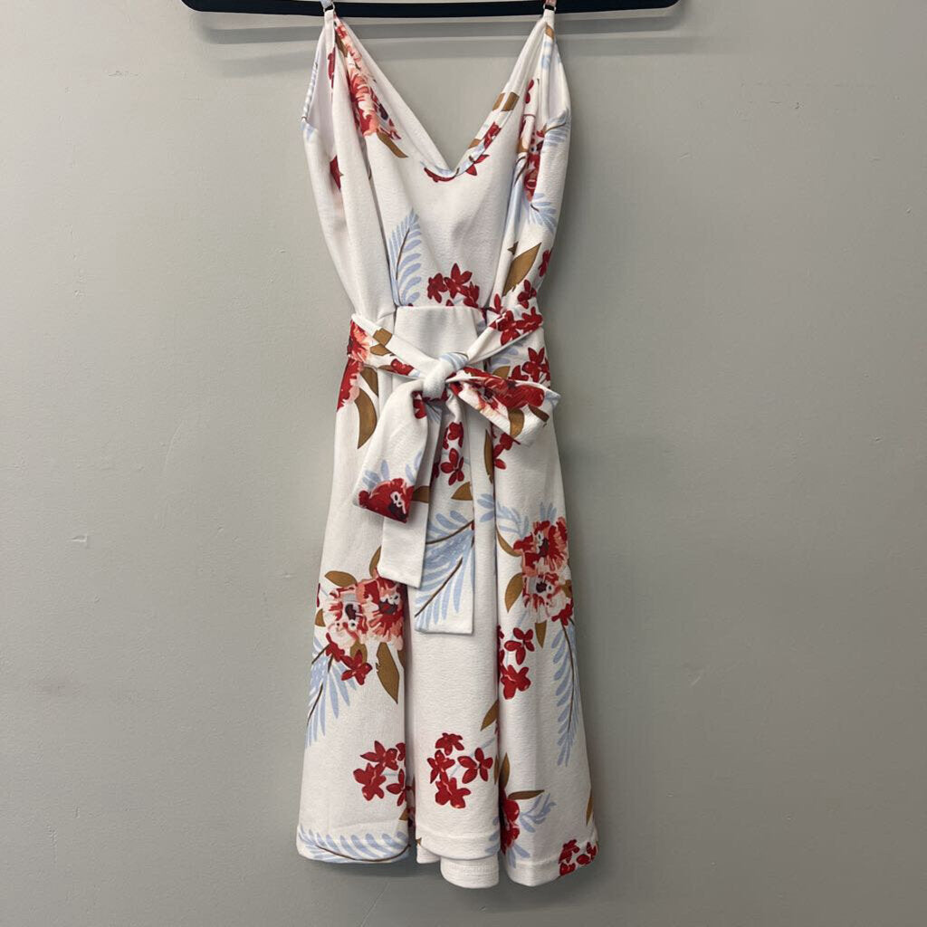 White Floral Print Tie Waist Dress Medium