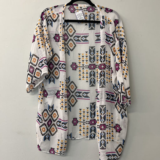 White/ Multi Print Sheer Open Front Kimono Medium