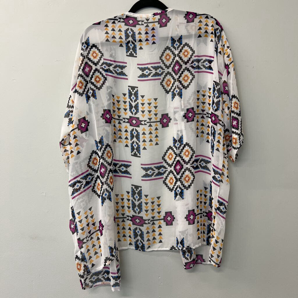 White/ Multi Print Sheer Open Front Kimono Medium