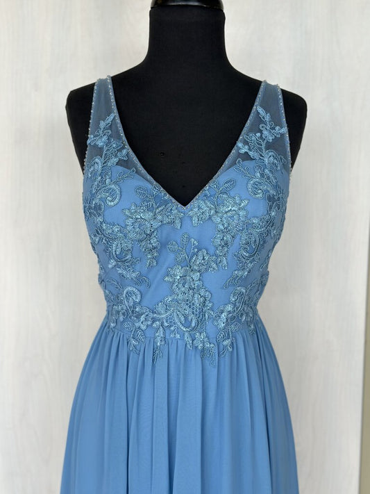 Azazie Blue Lace V Neck Top Chiffon Skirt Dress 12