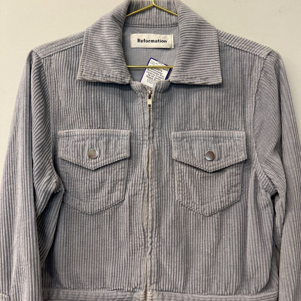 Reformation Grey Corduroy Cropped Zip Up Jacket Medium