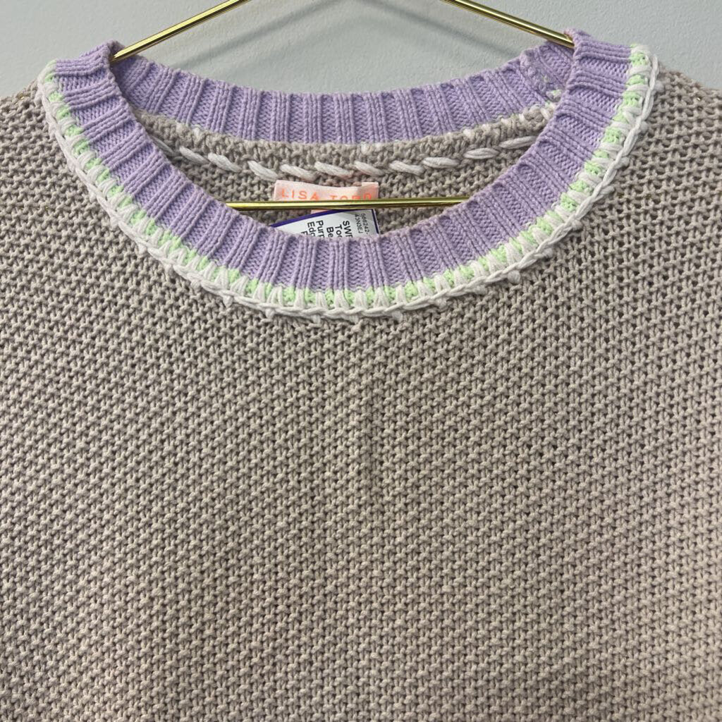 Lisa Todd Beige Sweater Purple/ Lime Green Edging Small