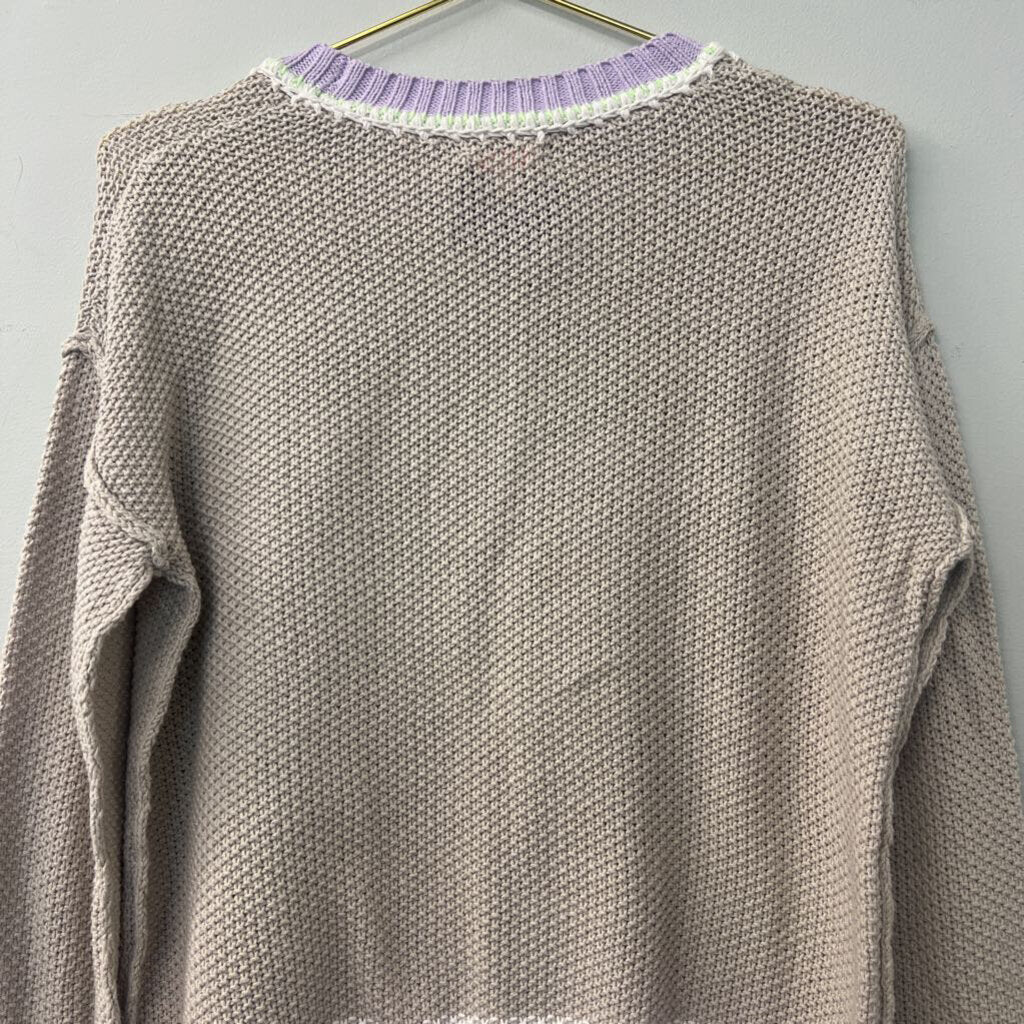 Lisa Todd Beige Sweater Purple/ Lime Green Edging Small