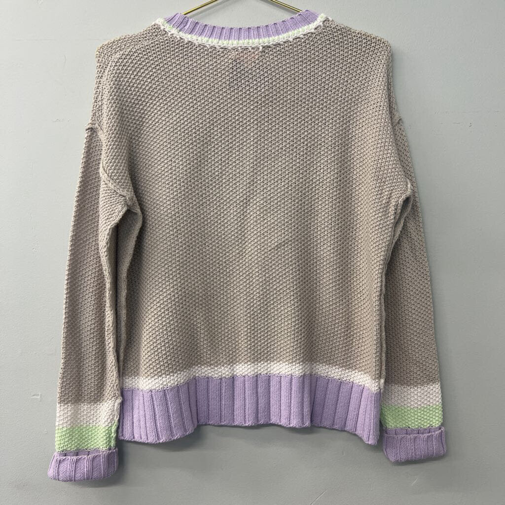 Lisa Todd Beige Sweater Purple/ Lime Green Edging Small