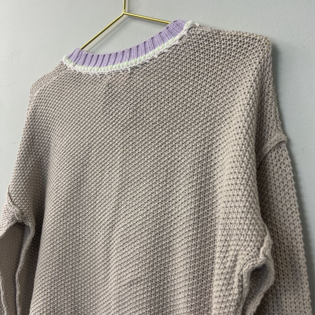 Lisa Todd Beige Sweater Purple/ Lime Green Edging Small