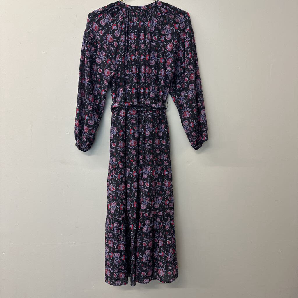 Xirena Black Print Long Sleeve Tie Waist Midi Dress Small