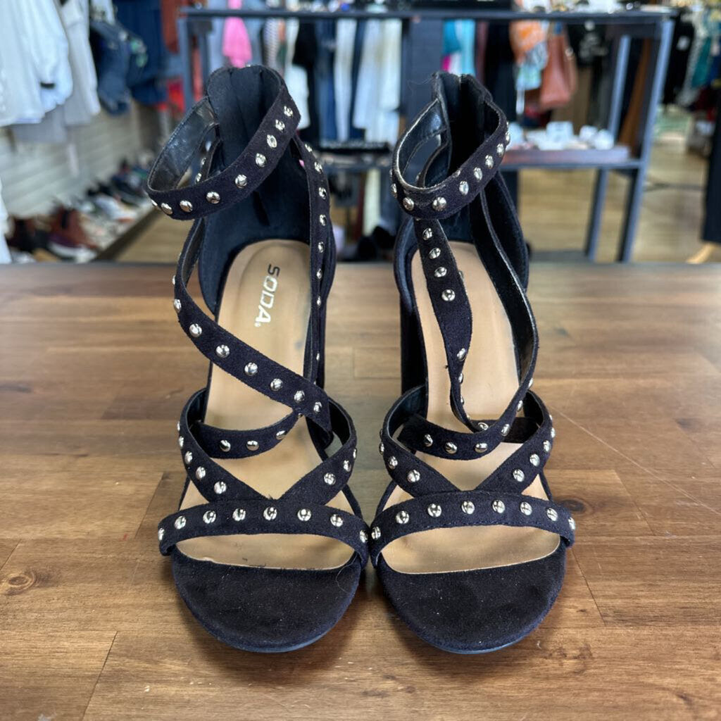 Soda Black Chunky Heels with Studded Straps 8.5