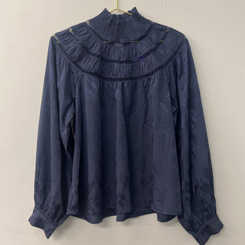Vici Navy Blue Blouse with Leaf Print Large