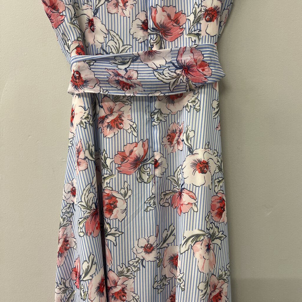 Sandra Darren Blue Striped Floral Print Tie Waist Dress 8